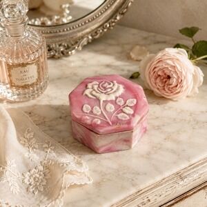 Vintage Pink Alabaster Trinket Box Carved Rose‎ Jewelry Box Vanity Decor